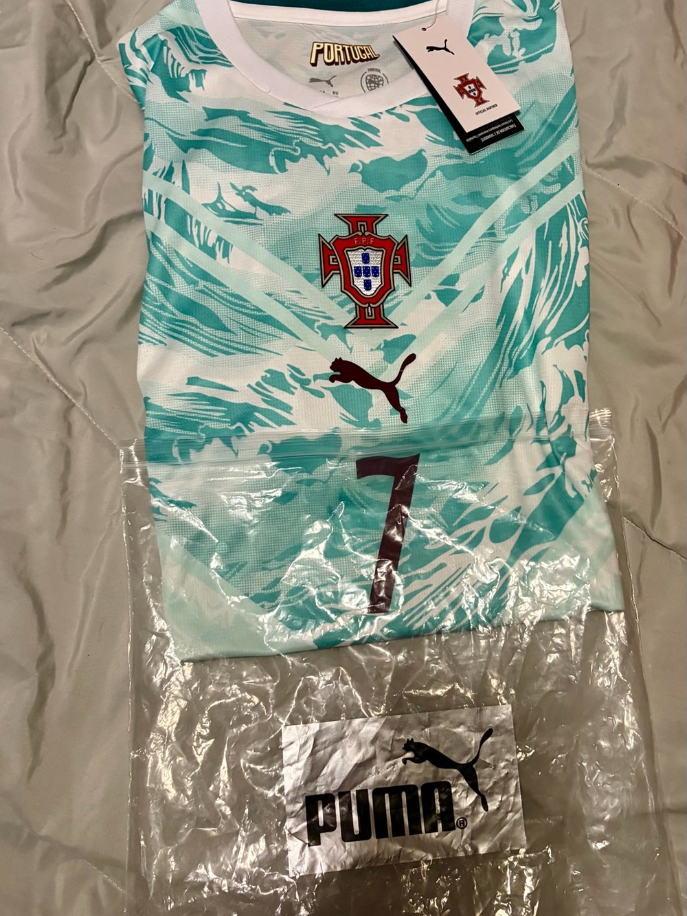 Puma Portugal Aqua and White Men's Football Jersey with Burgundy Details